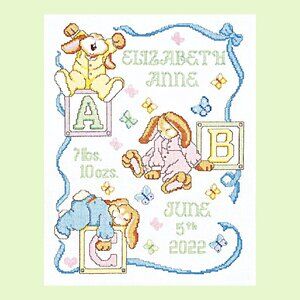 Janlynn Birth Announcement Sampler Sleepy Bunnies ABC's Cross Stitch Kit 11"x14"